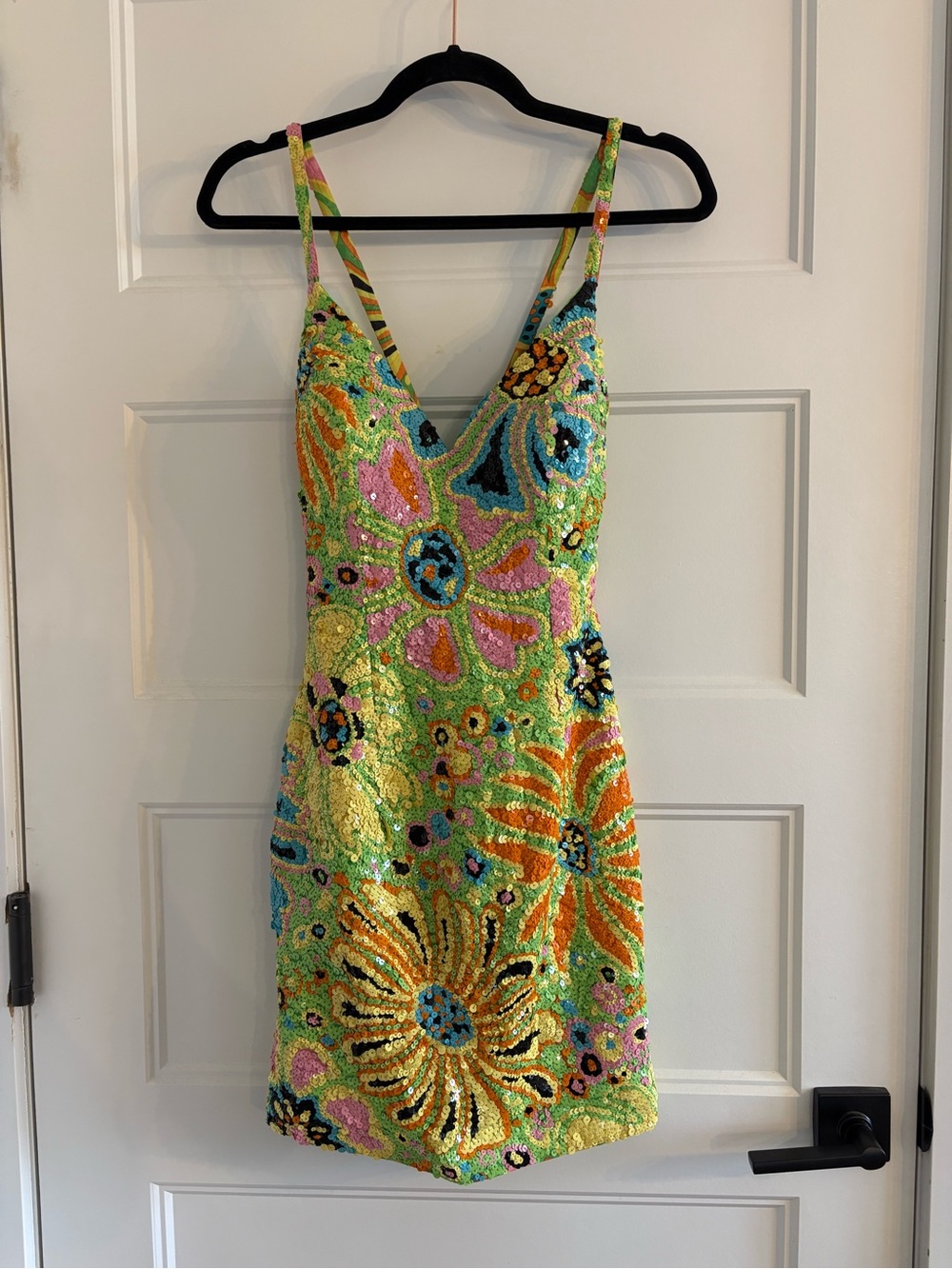 la femme Sequin Floral Mini Dress in Lime Green